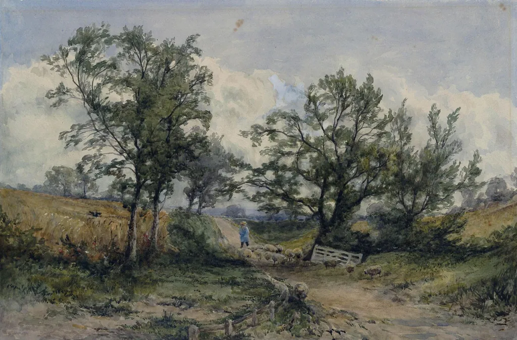 Landscape with sheep and cornfield, by Unknown, watercolor, 1750
