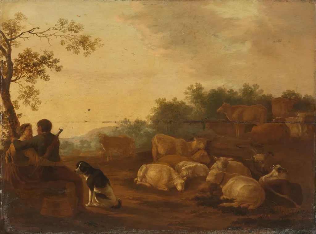 Landscape with sheperd, sheperdess and cattle, by Unknown, unspecified, 1632