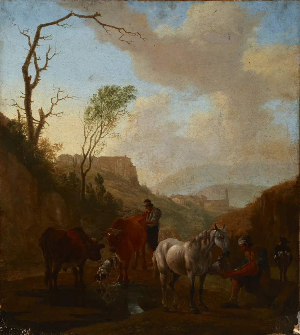 Landscape with Shepherds and Cattle at the Watering Place, by Unknown, oil, 1750