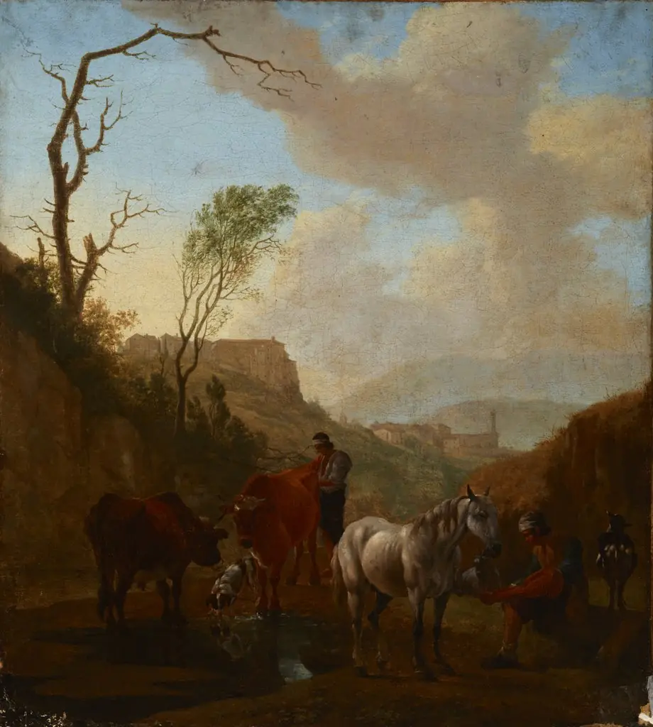 Landscape with Shepherds and Cattle at the Watering Place, by Unknown
