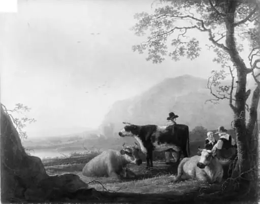 Landscape with Three Cows and Shepherds, by Unknown