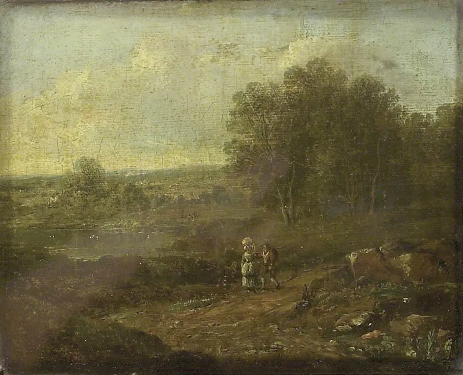 Landscape with two Figures walking along a Track, by Unknown