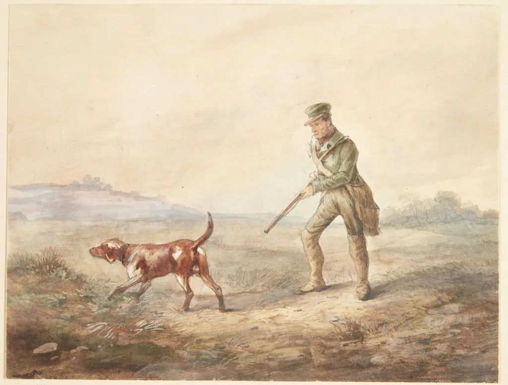 Landskab med en jæger og hans hund, by Unknown, unspecified, 1840