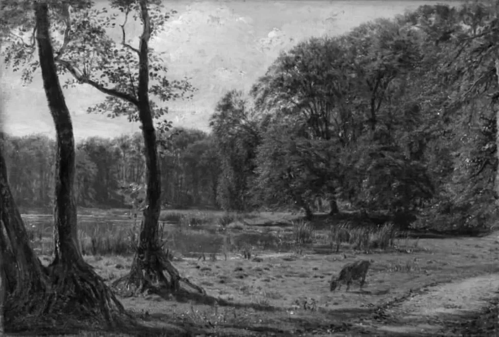 Landskab med motiv fra Fuglsangssøen i Jægersborg Dyrehave, by Unknown, 1850