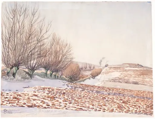 Landskab med piletræer og pløjemark i sne, by Unknown