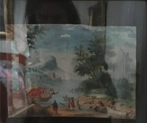 Landskab med strand, til venstre noget af en søjlegang; foran et skib, til højre folk i færd med at sætte båd i vandet., by Unknown