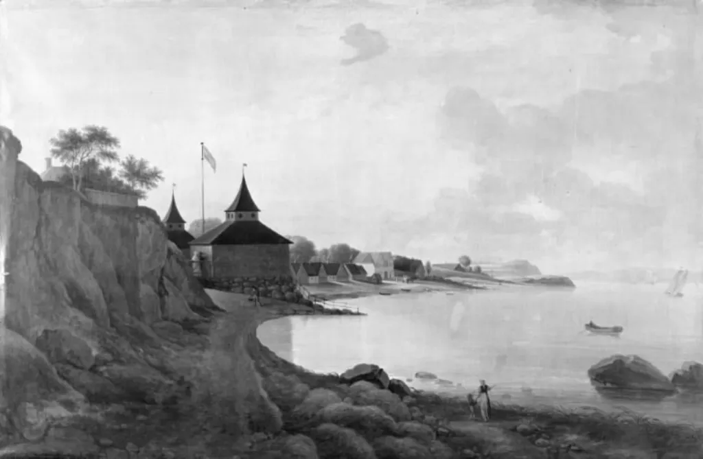 Landskab ved en bugt. Parti fra "Alexandria" ved Vedbæk, by Unknown, 1750