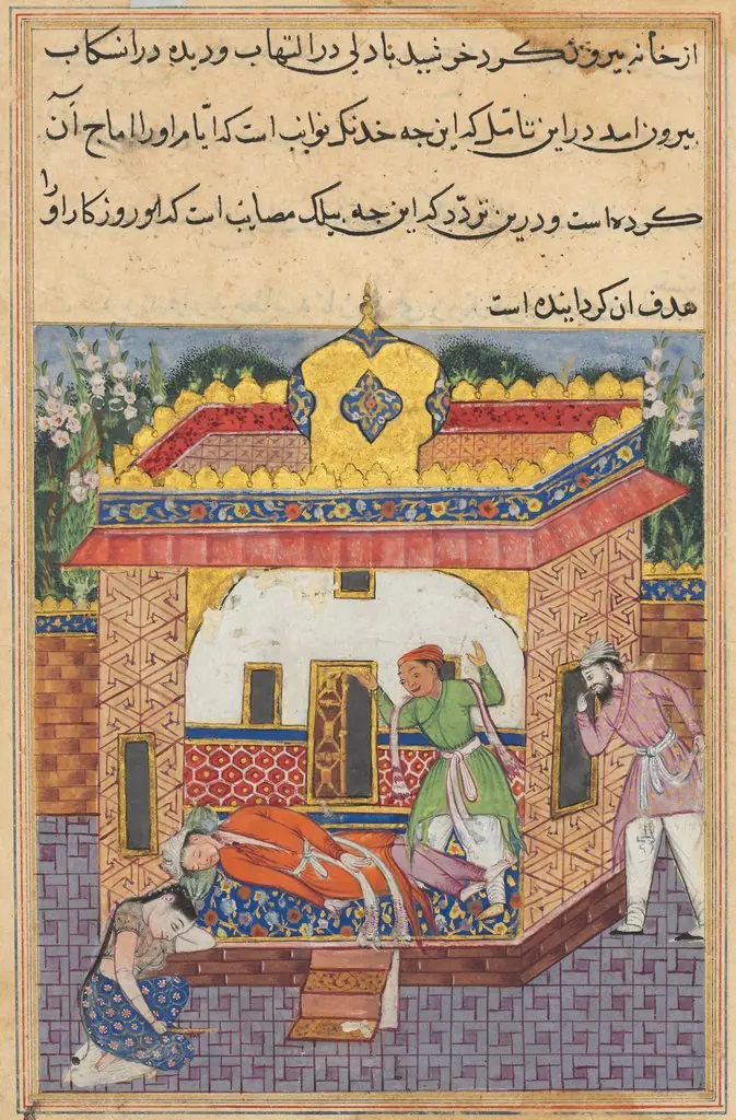 Latif, who has murdered his brother, falsely accuses Khurshid of the deed, from a Tuti-nama (Tales of a Parrot): Thirty-second Night, by Unknown