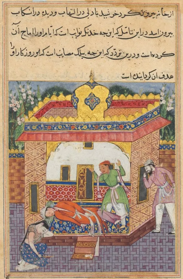 Latif, who has murdered his brother, falsely accuses Khurshid of the deed, from a Tuti-nama (Tales of a Parrot): Thirty-second Night, by Unknown, unspecified, 1560