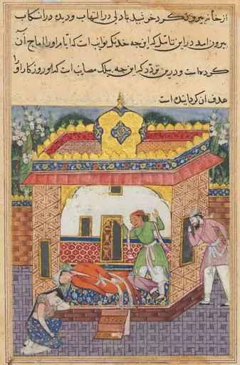 Latif, who has murdered his brother, falsely accuses Khurshid of the deed, from a Tuti-nama (Tales of a Parrot): Thirty-second Night, by Unknown