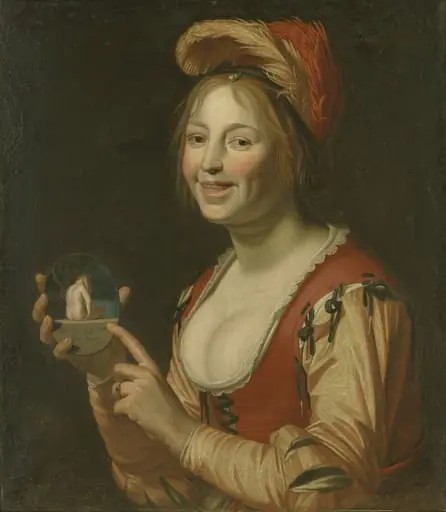 Laughing Girl Showing a Small Picture of a Nude Woman Seen from Behind, by Unknown