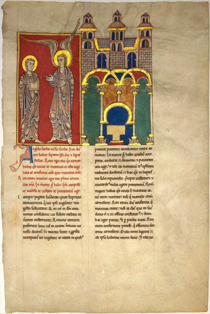 Leaf from a Beatus Manuscript: the Angel of the Church of Sardis with Saint John, by Unknown, 1190