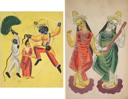 Leaf from a Kalighat album: Hanuman attacks Indrajit holding an apparition of Sita by the hair (recto); Goddesses Lakshmi and Sarasvati (verso), by Unknown