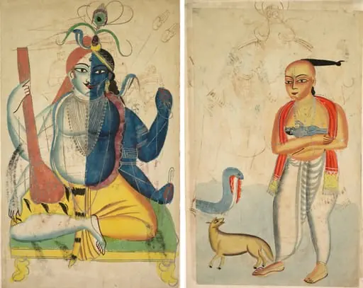 Leaf from a Kalighat album: Hari-Hara (recto); Vasudeva (Krishna's Father) Fleeing with Krishna Encounters a Cobra and a Jackal (verso), by Unknown, 1890
