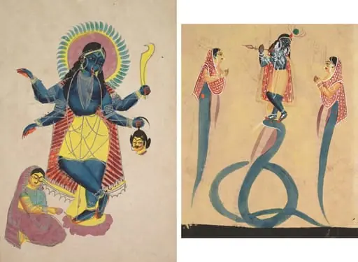 Leaf from a Kalighat album: Krishna as Kali worshipped by Radha (recto); Krishna quells the serpent Kaliya (verso), by Unknown