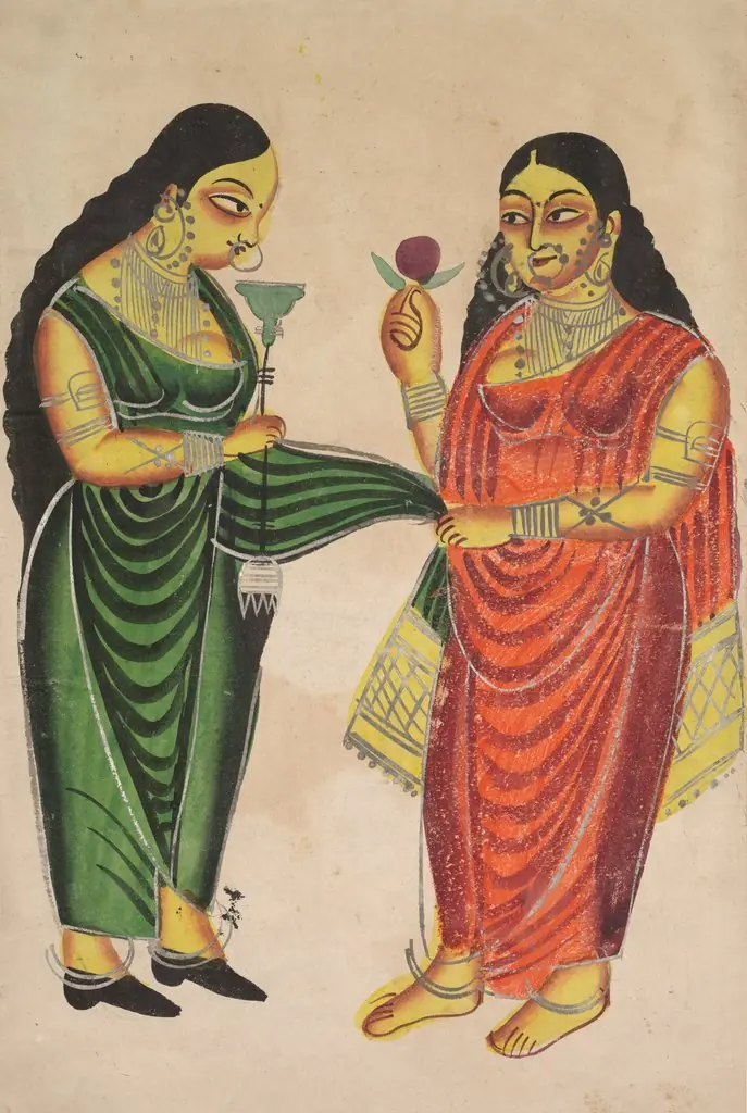 Leaf from a Kalighat album: Maid bringing a hookah to a lady (recto); Krishna weighed against precious objects(?) (verso), by Unknown