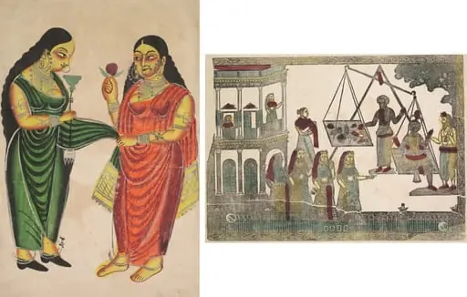 Leaf from a Kalighat album: Maid bringing a hookah to a lady (recto); Krishna weighed against precious objects(?) (verso), by Unknown, 1890