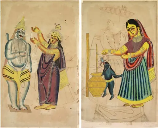 Leaf from a Kalighat album: Parvati Placing a Wedding Garland on Shiva (recto); Yasoda Churning Butter (verso), by Unknown, 1890