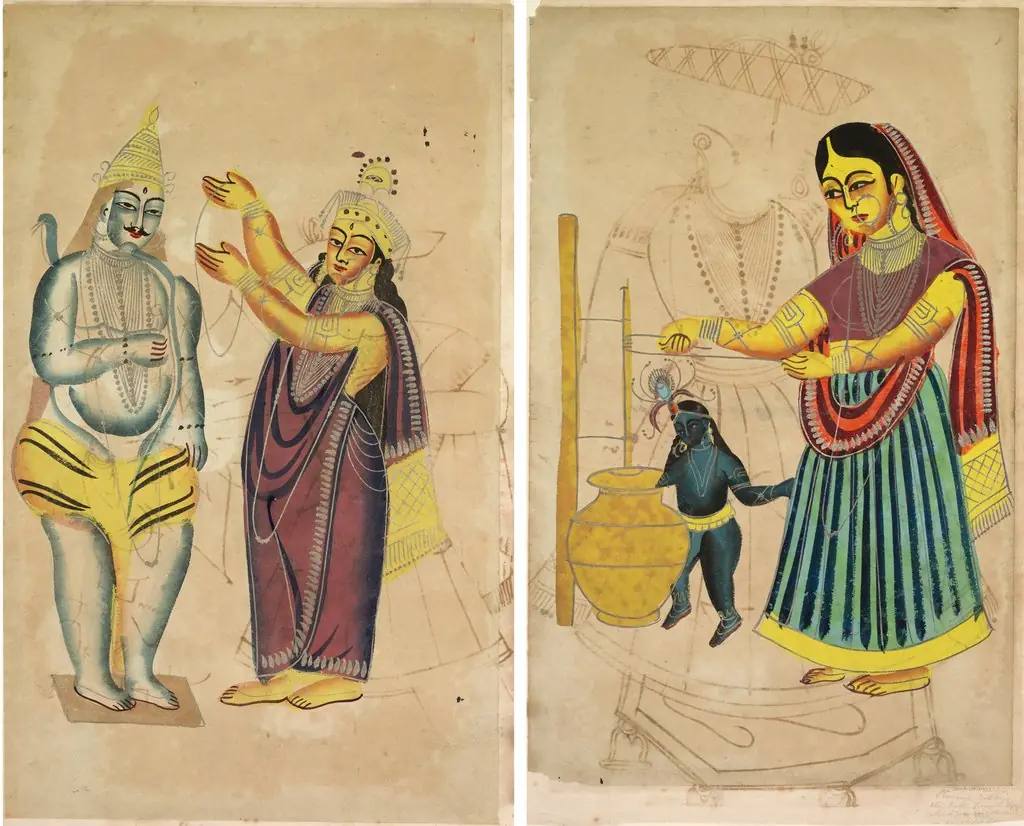 Leaf from a Kalighat album: Parvati Placing a Wedding Garland on Shiva (recto); Yasoda Churning Butter (verso), by Unknown