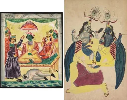 Leaf from a Kalighat album: Rama and Sita enthroned (recto); Garuda carrying Balarama and Krishna (verso), by Unknown, 1890