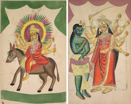 Leaf from a Kalighat album: Sheetaladevi: The Smallpox Goddess (recto); Durga (verso), by Unknown, 1890