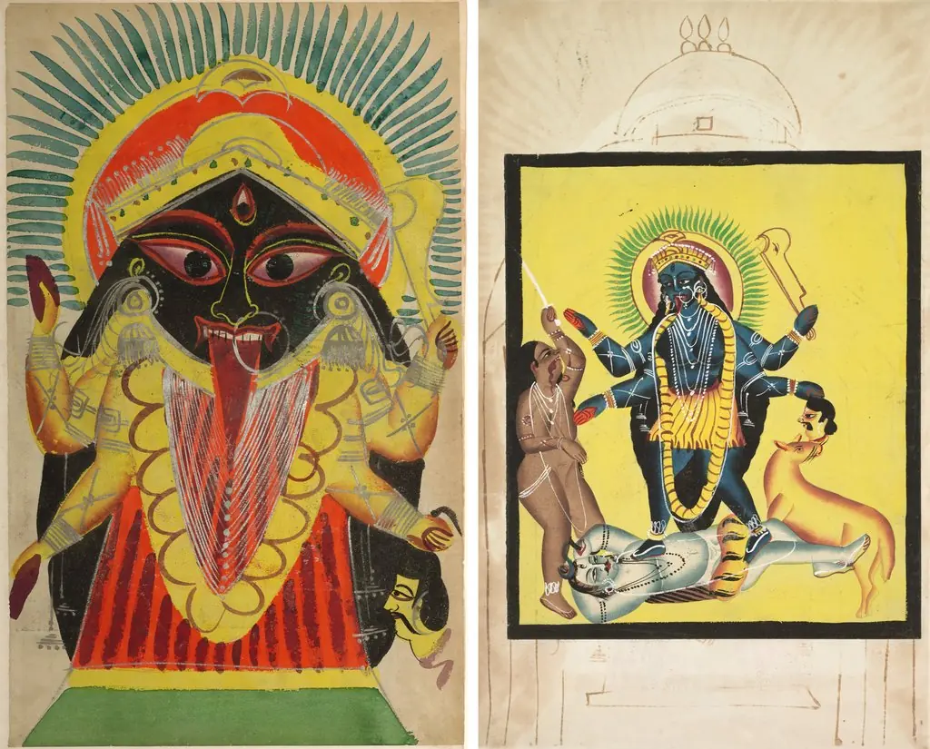 Leaf from a Kalighat album: The Goddess Kali (recto); Kali Standing on Shiva (verso), by Unknown, 1896