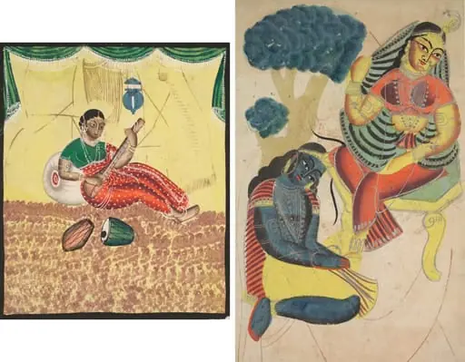 Leaf from a Kalighat album: Woman Playing Music (recto); Krishna Stroking Radha's Feet (verso), by Unknown