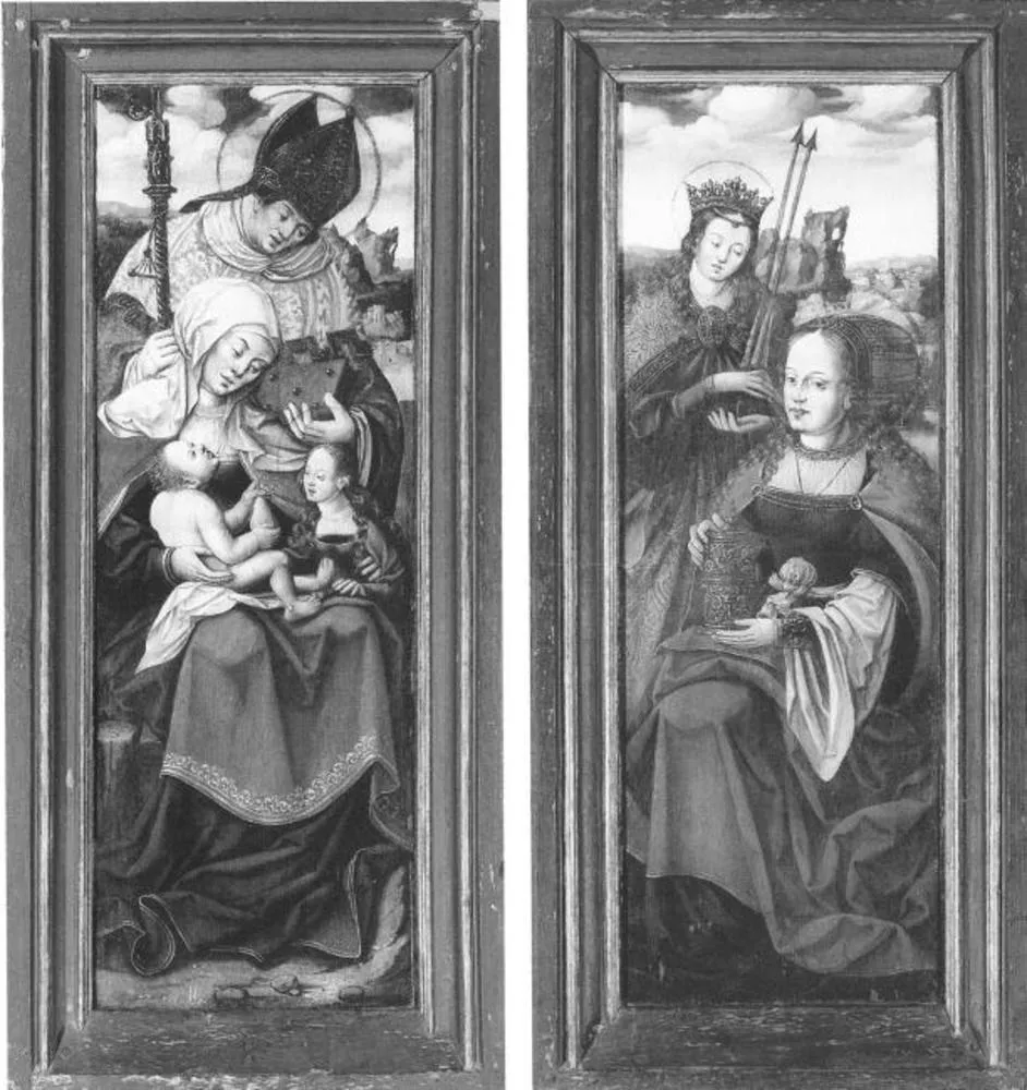 Left and Right Wing of an Altarpiece with St Anne with the Virgin and Child on her Lap, a Holy Bishop, St Magdalen and St Ursula, by Unknown, oil, 1545