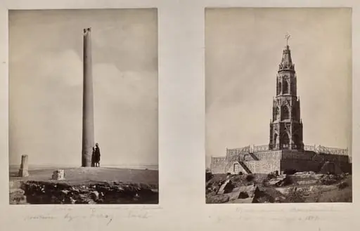 Left: [Ashoka Pillar moved to its present position by Feroz Shah]. Right: Memorial Monument of the British Soldiers in 1859, by Unknown