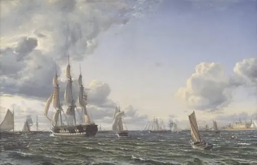 Linieskibet "Valdemar" krydser Sundet ind for en frisk bramsejlskuling, by Unknown