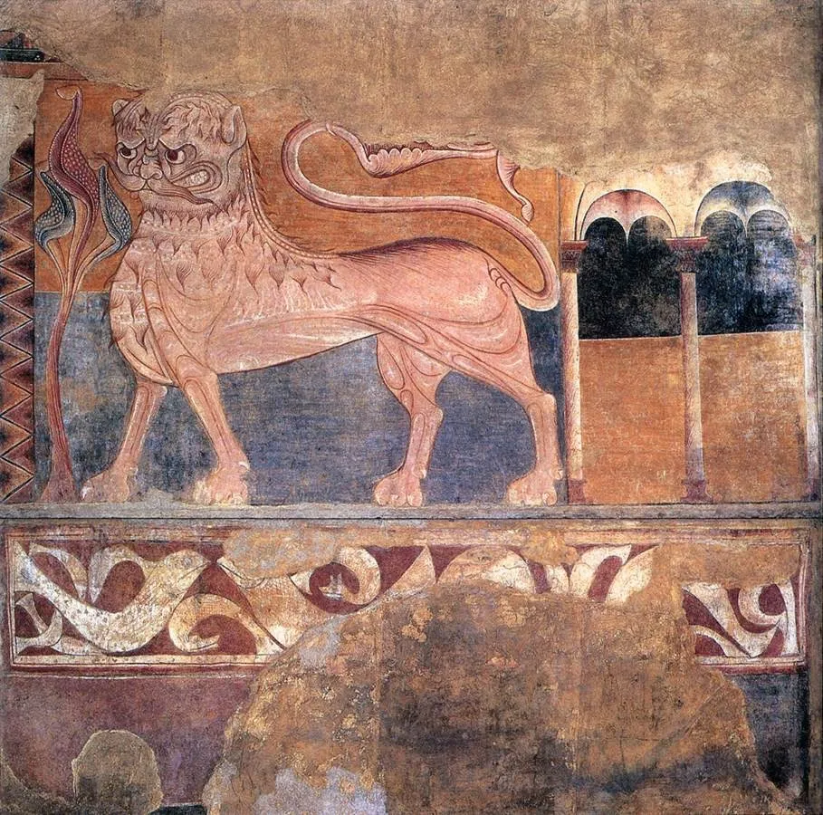 Lion wall painting, by Unknown, fresco, 1200