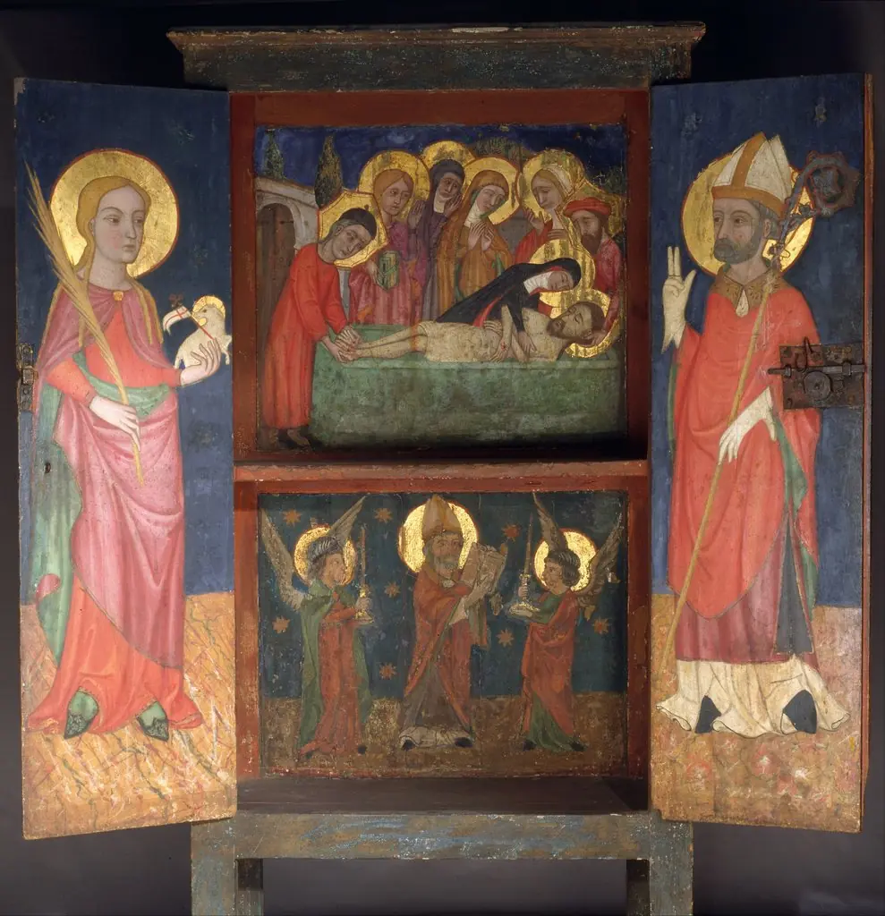 Liturgical cabinet with the Holy Burial, Saint Agnes and a Bishop Saint, by Unknown