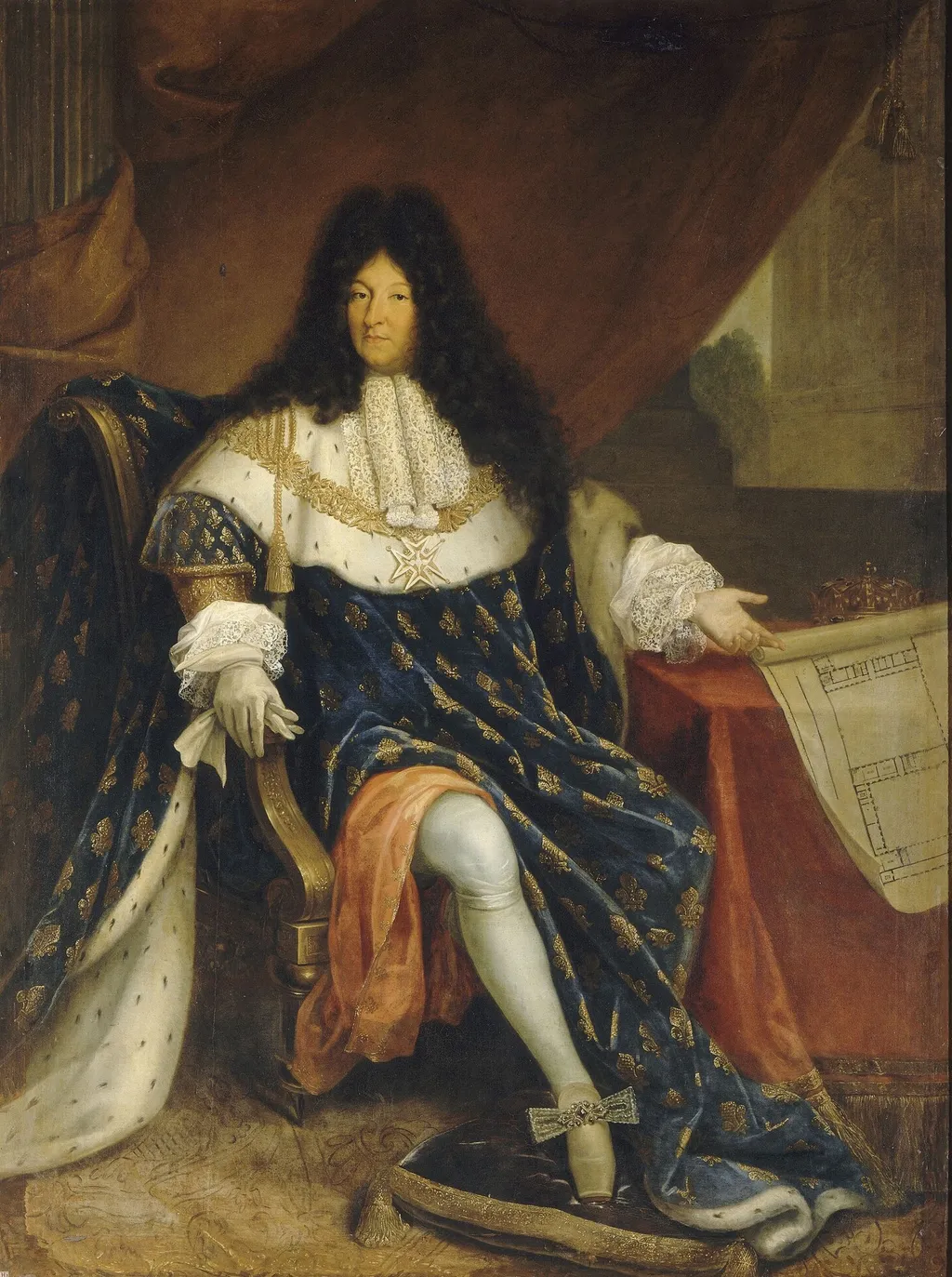 Louis XIV holding the plan of the royal house of Saint-Cyr, by Unknown, oil, 1750