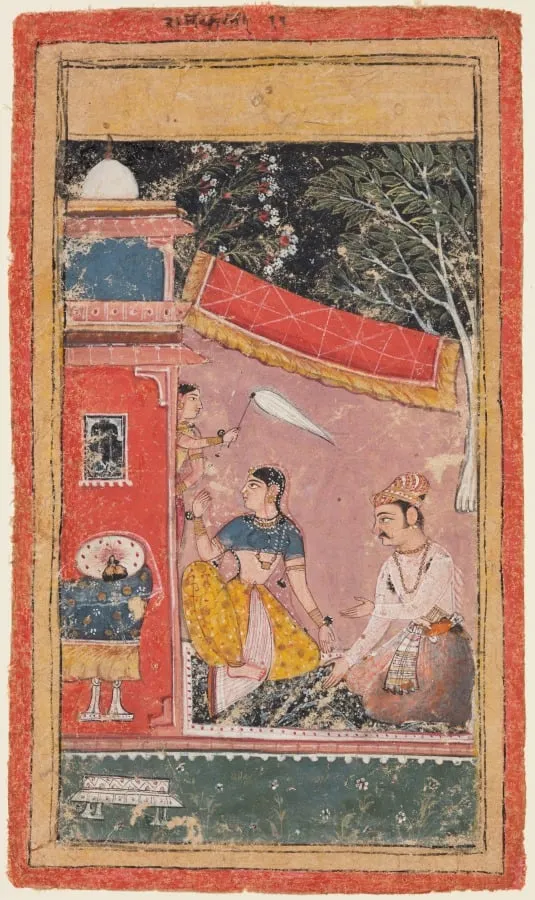 Lovers on a Terrace: Ramakali Ragini of Hindol, from a Bundi Ragamala, by Unknown, unspecified, 1610