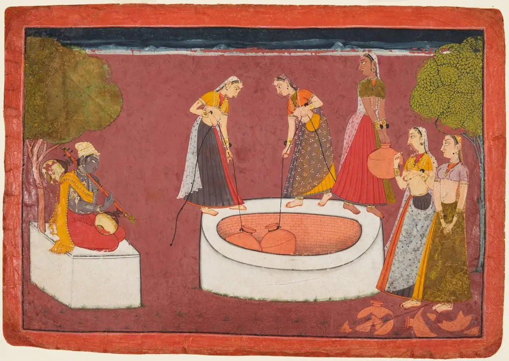 Madhava Plays his Vina before Five Women Drawing Water from a Well, from a Madhavanala Kamakandala, by Unknown