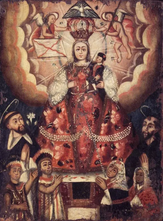 Madonna with Christ Child, St. Dominic, St. Francis, and Indian Worshippers, by Unknown
