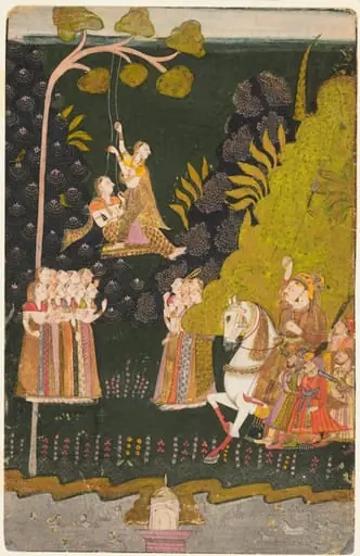 Maharaja Abhai Singh of Marwar (reigned 1724–49), Equestrian, Watching Girls Swinging at the Teej Festival, by Unknown