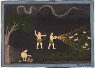 Maharana Jagat Singh II of Mewar (r. 1734–51) Dressed as a Bhil, Hunting Deer at Night, by Unknown, 1725