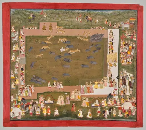 Maharana Sangram Singh II of Mewar (r. 1710–34) and Stages a Boar Hunt with Tigers at Sadri, by Unknown
