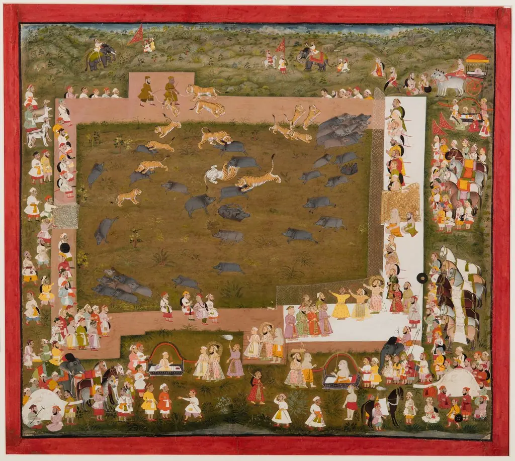 Maharana Sangram Singh II of Mewar (r. 1710–34) and Stages a Boar Hunt with Tigers at Sadri, by Unknown