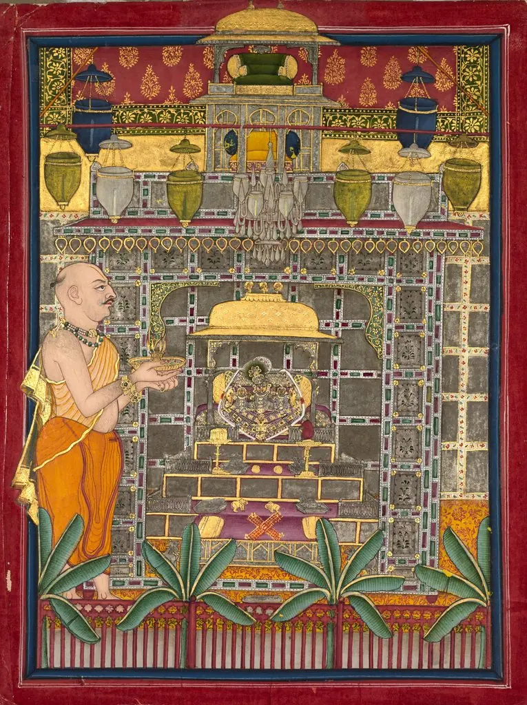 Maharao Kishor Singh II of Kota (r. 1819–28) Worshiping Krishna as Brij Rajji, by Unknown
