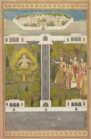 Mahliqa, Daughter of the Emperor of China, Pointing at the Bird-Man Khwaja Mubarak: A Leaf from a Poetical Romance Relating to Shah Alam I (verso); Stenciled Scenes of Lion and Gazelle (verso)