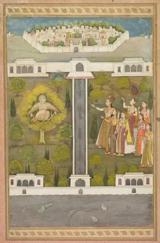 Mahliqa, Daughter of the Emperor of China, Pointing at the Bird-Man Khwaja Mubarak: A Leaf from a Poetical Romance Relating to Shah Alam I (verso); Stenciled Scenes of Lion and Gazelle (verso), by Unknown, 1710