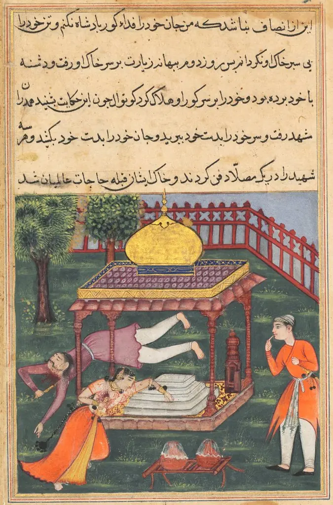Mahrusa kills herself at the tomb of the king of Zabul, and her husband does likewise, from a Tuti-nama (Tales of a Parrot): Thirty-sixth Night, by Unknown