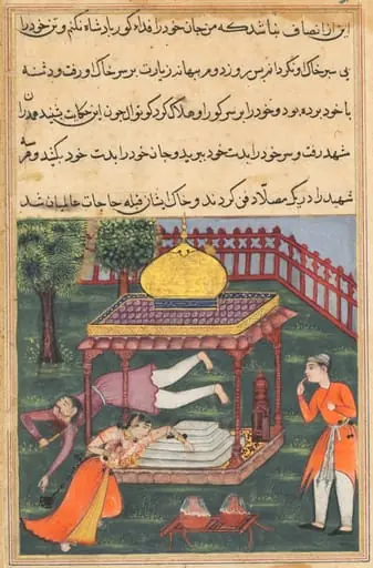 Mahrusa kills herself at the tomb of the king of Zabul, and her husband does likewise, from a Tuti-nama (Tales of a Parrot): Thirty-sixth Night, by Unknown