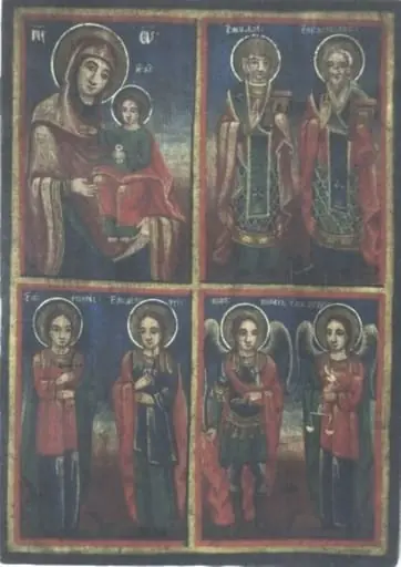Maica Domnului cu Pruncul Hodighitria (Călăuzitoarea), Sfinții Nicolae și Haralambie, Sfinții mucenici Gheorghe și Dimitrie și Arhanghelii Mihail și Gavril, by Unknown