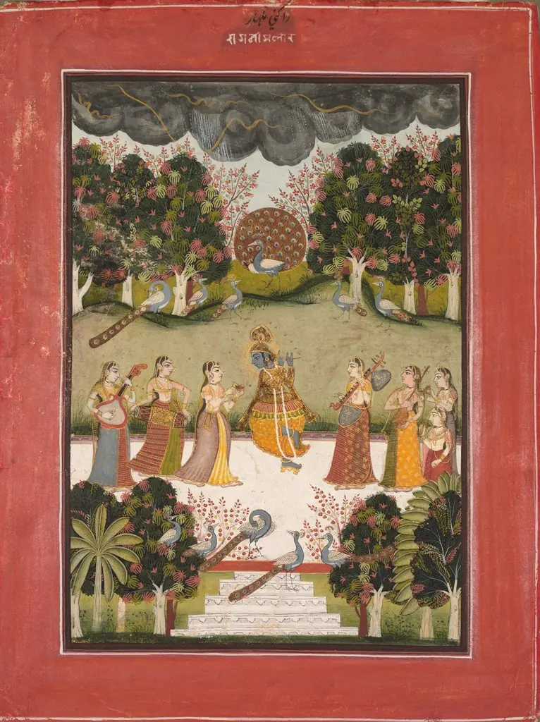 Malar Ragini: Krishna Playing the Flute to Seven Gopis Holding Musical Instruments, from the Ragamala Series, by Unknown