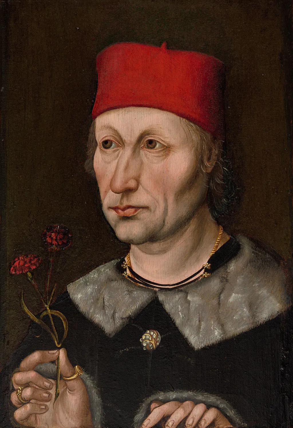 Man in a Red Cap Holding a Carnation, by Unknown, unspecified, 1490
