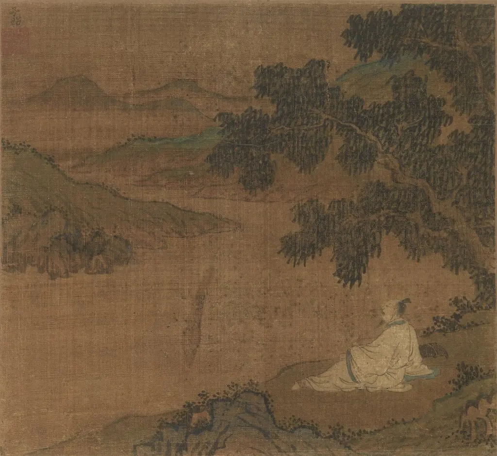 Man on a Hillside under a Tree Overlooking a River, by Unknown