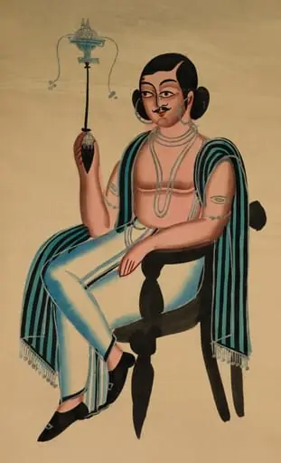 Man Seated in a European Chair Smoking a Margila Pipe, from a Kalighat album, by Unknown